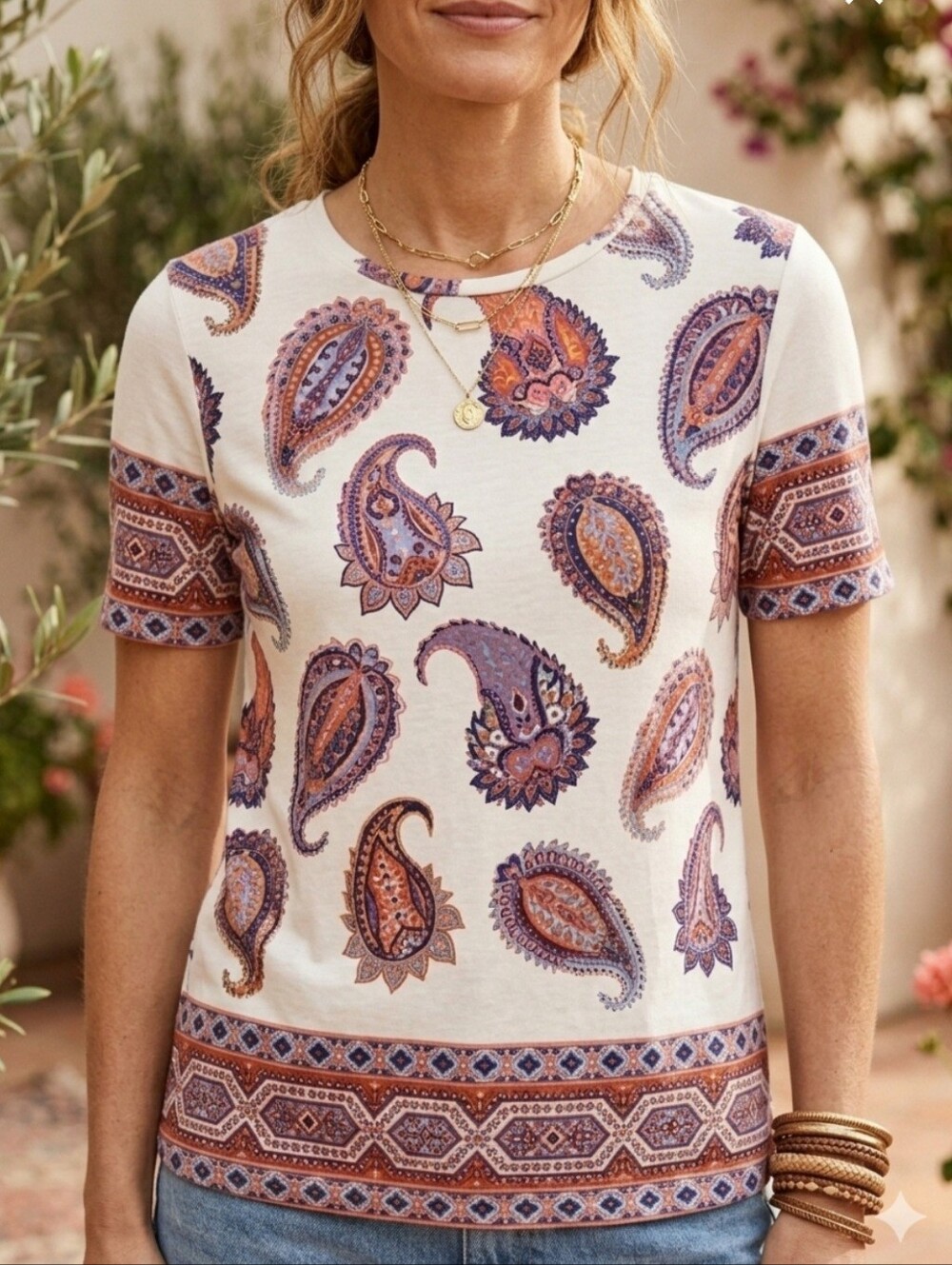 Tory Burch Women's Paisley Print Cotton Tshirt Size L Short Sleeve Boho Casual
